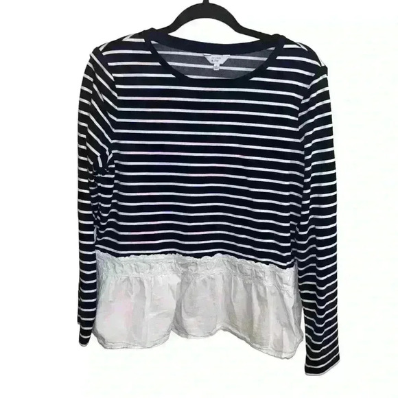 Crown & Ivy Long Sleeve Eyelet Hem Sweatshirt Top Shirt Striped Navy Size Large - Picture 3 of 6